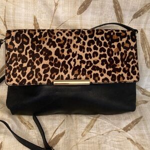 Talbots Black Leather Calf Fur Leopard Print Clutch Crossbody Purse Bag
